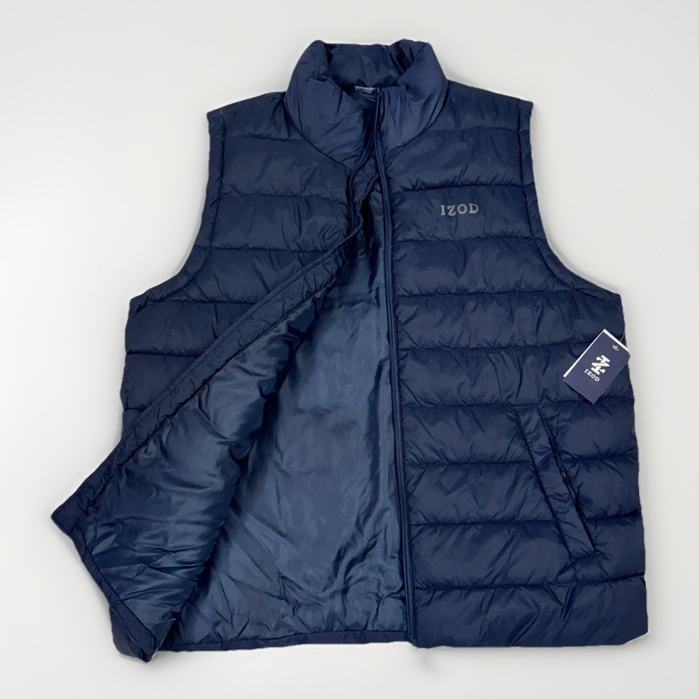 IZOD Puffer Vest Mens Medium Navy Blue Nylon Shell Full Zip Outdoor NEW Packable